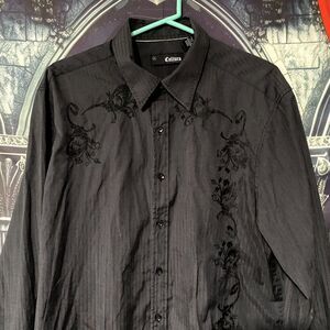 Cultura International Button-Up Shirt Men's XL Black Cotton Embroidered Workwear